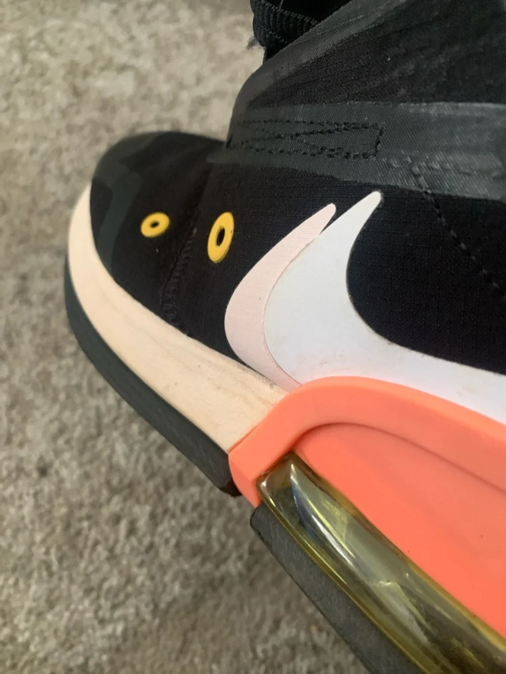 Nike Black Sneakers with Coral Heel and Yellow Eyelets